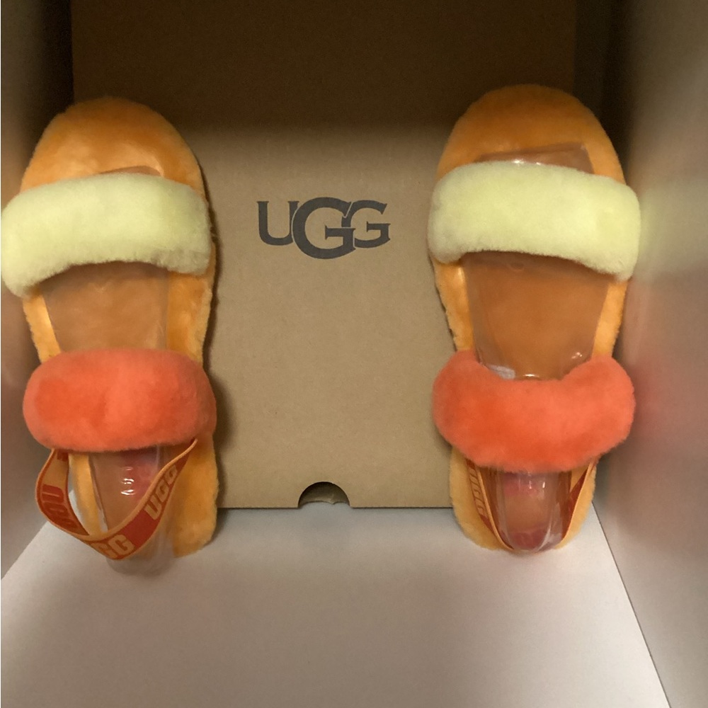 UGG Vibrant Orange and Cream Fluffy Slides